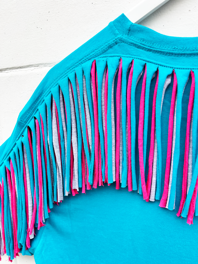 Fringed Oversized Tee - Turquoise with grey and hot pink - just XXL left
