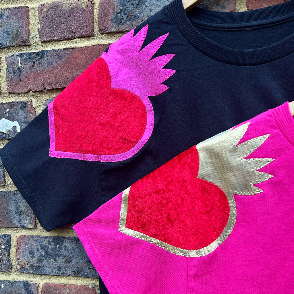 Queenie Appliqué Red Velvet Oversized Tee - Hot pink, gold and red