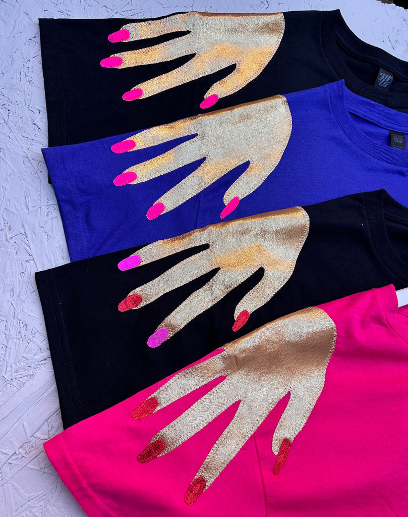 'Hands On' Oversized Longer Length Tee - Gold and Red on Hot Pink