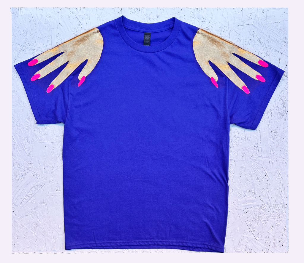 'Hands On' Oversized Longer Length Tee - Gold and Neon on Cobalt