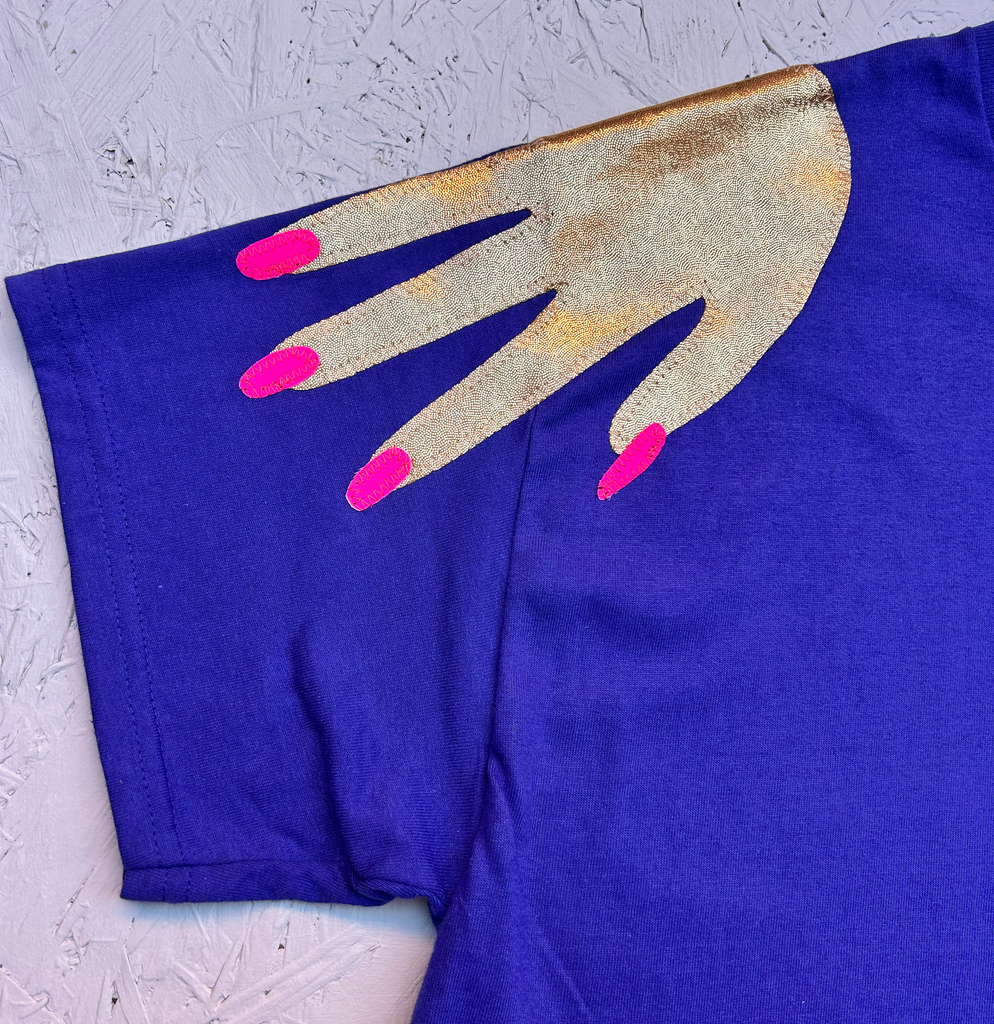Sample - Size S - 'Hands On' Oversized Longer Length Tee - Gold and Neon on Cobalt