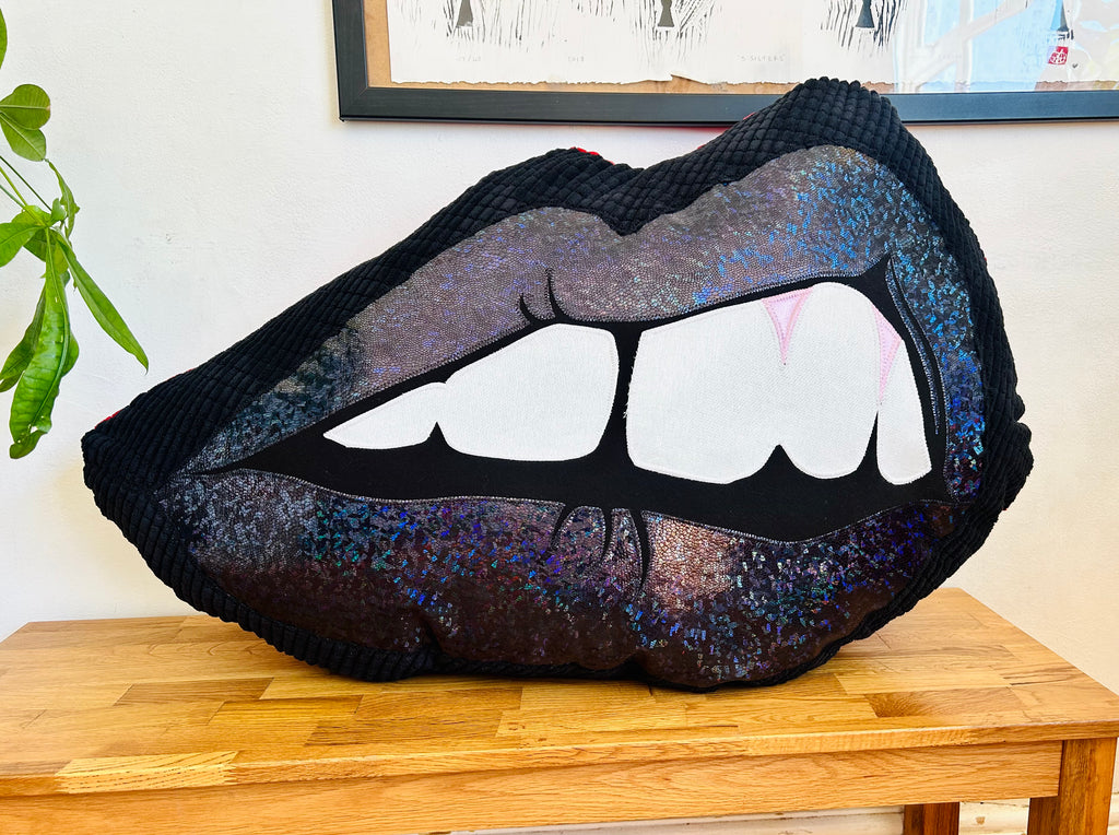 One Off Supersized Bite Back Cushion - Pink and Red with braces