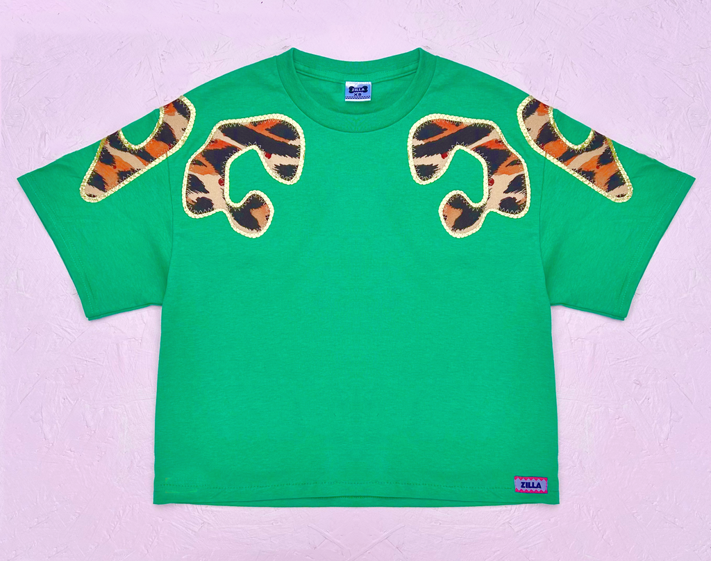 Bonnie Oversized Tee - Leopard and Gold on Green - Restock due 16th May
