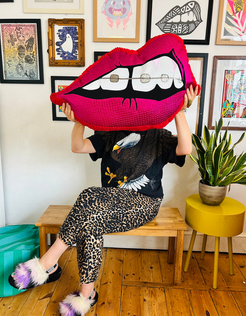 One Off Supersized Bite Back Cushion - Pink and Red with braces