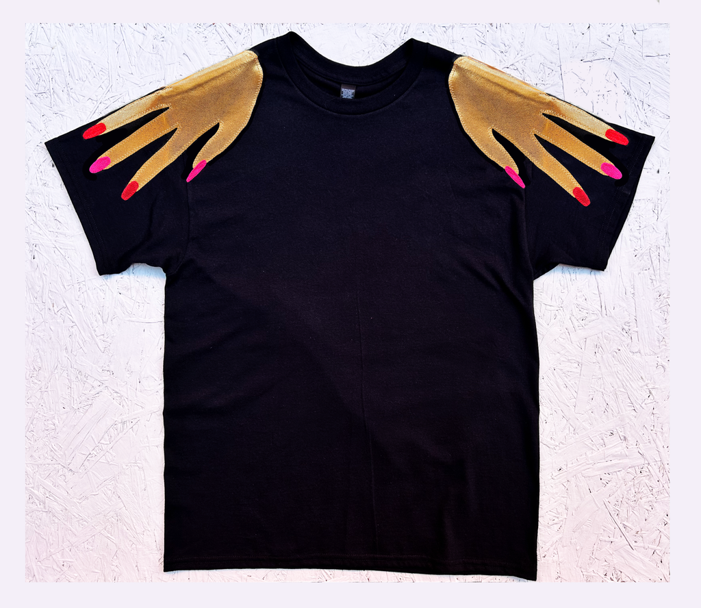 'Hands On' Oversized Longer Length Tee - Gold, red and pink on Black