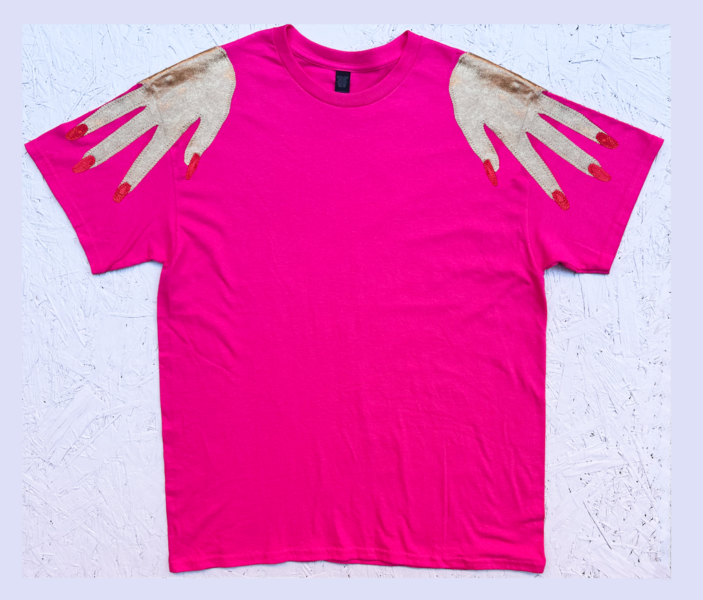 'Hands On' Oversized Longer Length Tee - Gold and Red on Hot Pink