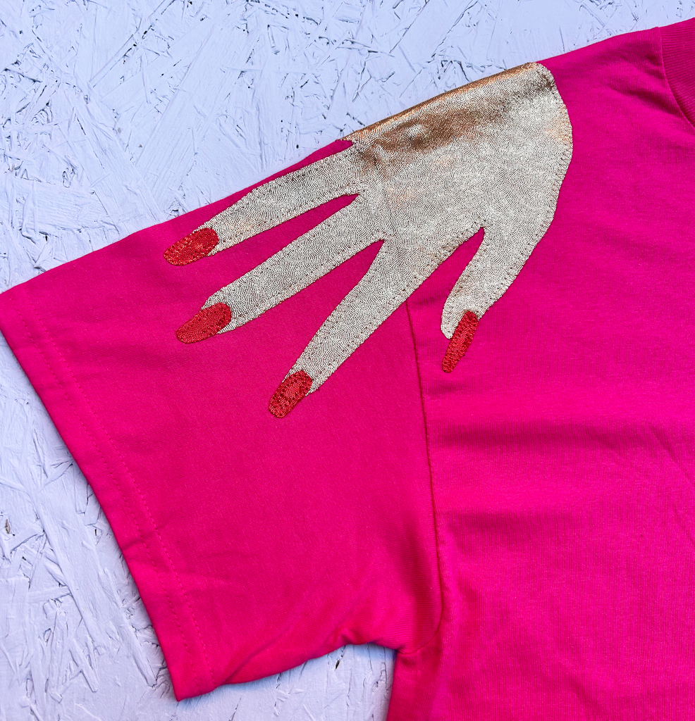 'Hands On' Oversized Longer Length Tee - Gold and Red on Hot Pink