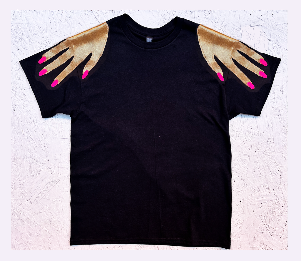 'Hands On' Oversized Longer Length Tee - Gold and Neon on Black