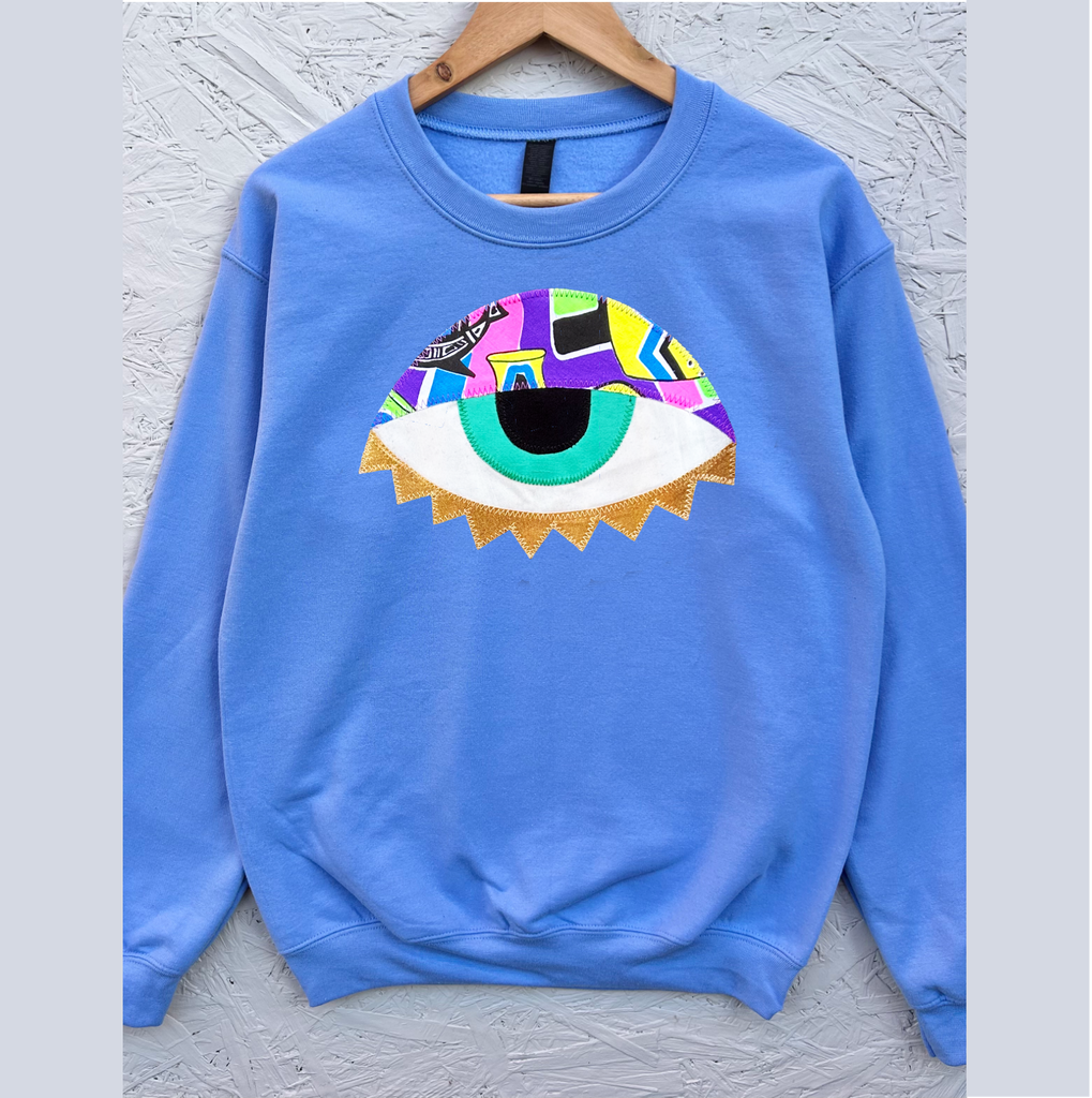 'Jeepers' Unisex Sweat - Powder Blue with 90s Neon Print