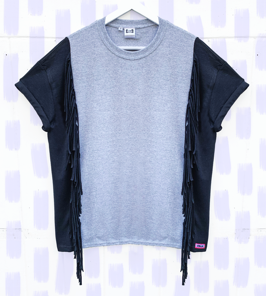 Oversized Colour Block Fringed Tee - Size L - Grey and Black