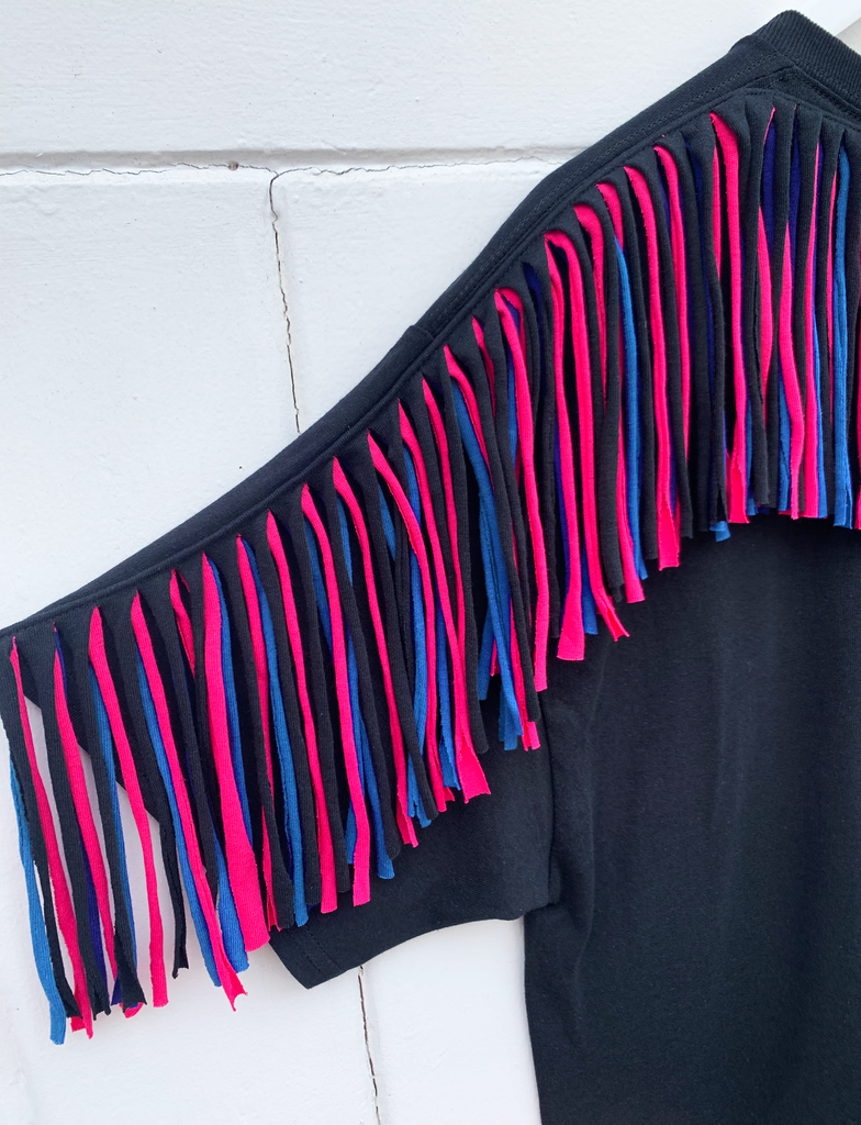 Fringed Oversized Tee - Black with pink and turquoise