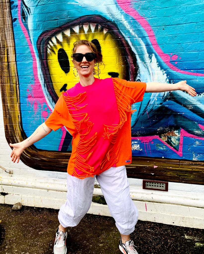 Oversized Colour Block Fringed Tee - Size L - Grey and Black