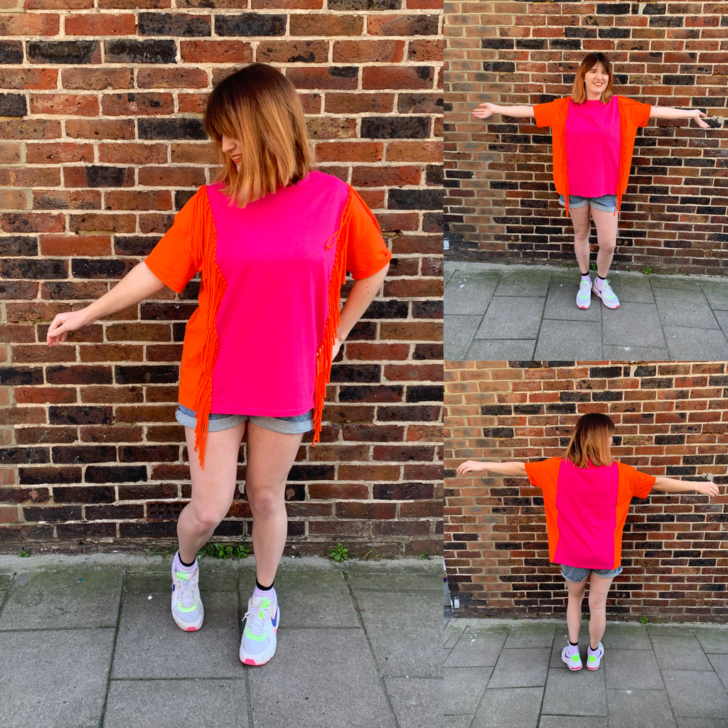 Oversized Colour Block Fringed Tee - Size L - Grey and Black