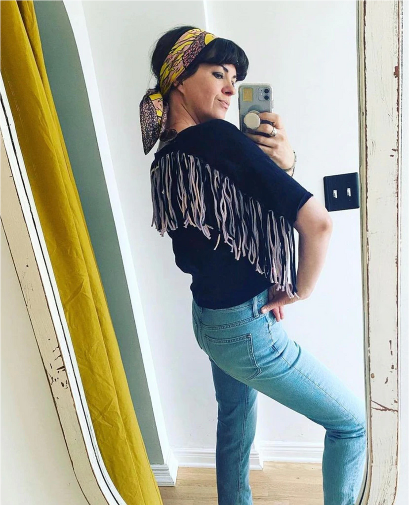 Fringed Oversized Tee - Black with pink and turquoise