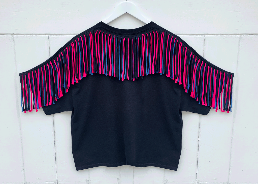 Fringed Oversized Tee - Black with pink and turquoise