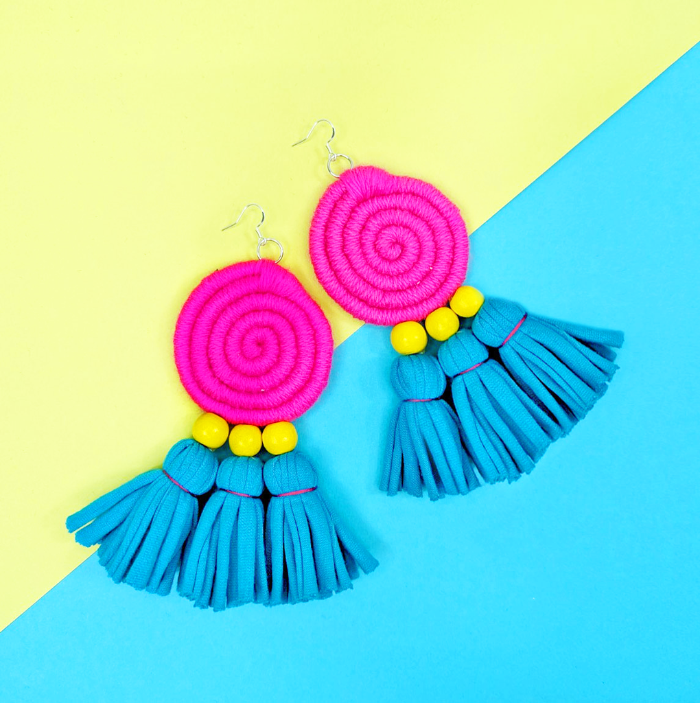 Chilli G By The Sea X Zilla Collaboration Statement Earrings - hot pink and turquoise