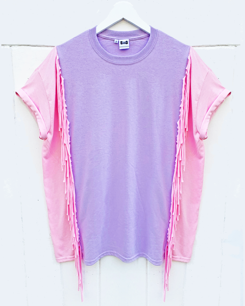 Oversized Colour Block Fringed Tee - Size XL - Lilac and Pale Pink