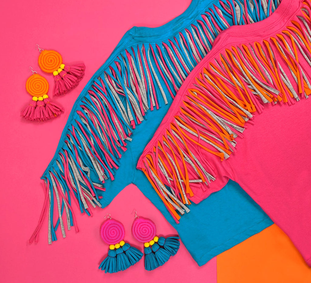 Fringed Oversized Tee - Turquoise with grey and hot pink