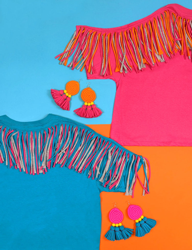 Fringed Oversized Tee - Black with pink and turquoise