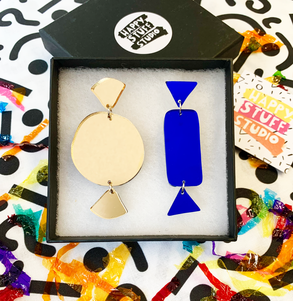 Pick N Mix Earrings  - Blue and Gold - by Happy Stuff Studio