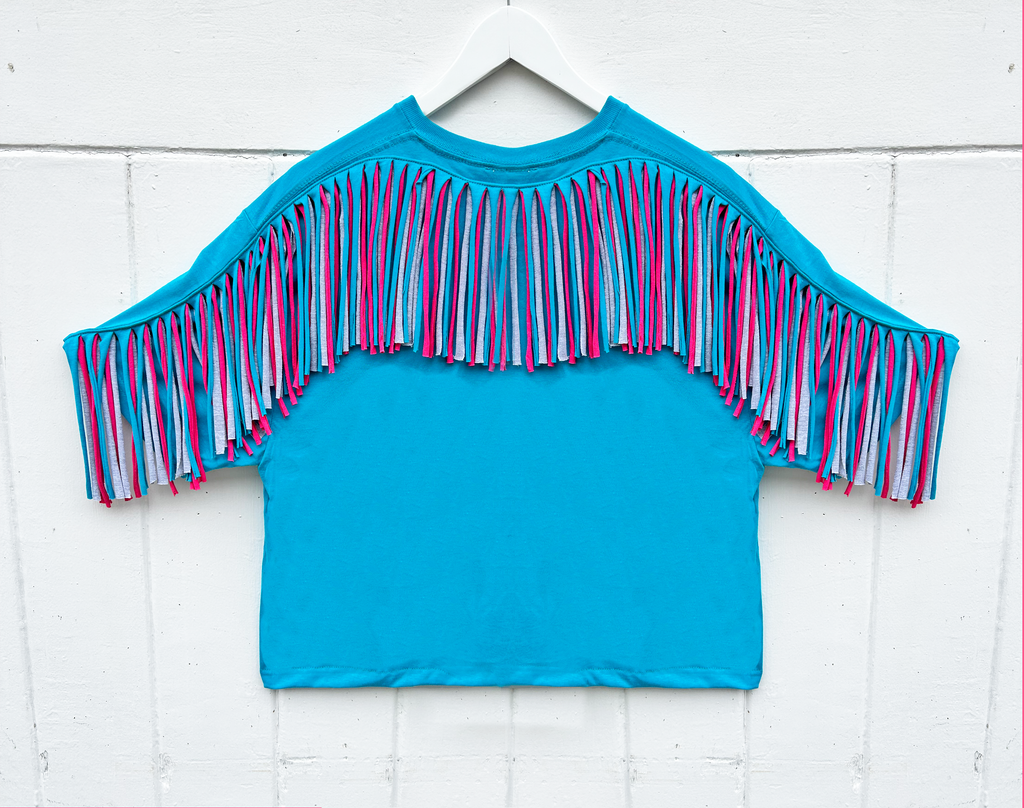 Fringed Oversized Tee - Turquoise with grey and hot pink